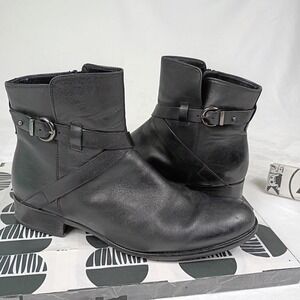 Gabor Black Leather Buckle Strap Ankle Boots Side Zip Low Block Heel Size 7.5
